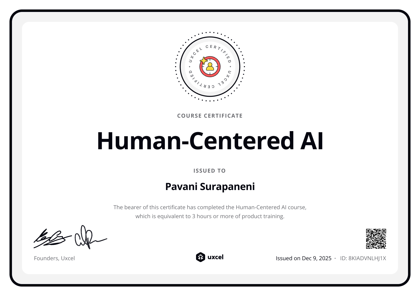 Pavani Surapaneni's certificate